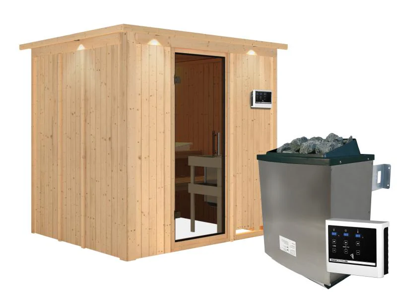 Karibu Sauna Sodin inkl. 9 kW Ofen ext. Steuerung mit moderner Saunatür - mit Dachkranz - - Image 4