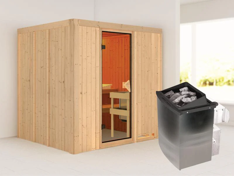 Karibu Sauna Sodin inkl. 9 kW Ofen integr. Steuerung mit bronzierter Ganzglastür - ohne Dachkranz -