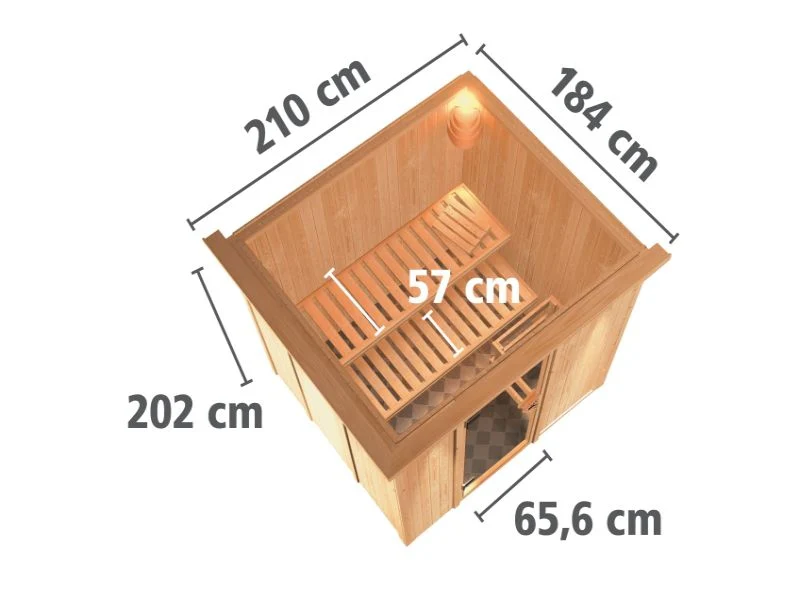 Karibu Sauna Sodin inkl. 9 kW Ofen integr. Steuerung mit Klarglas Ganzglastür - mit Dachkranz - - Image 2