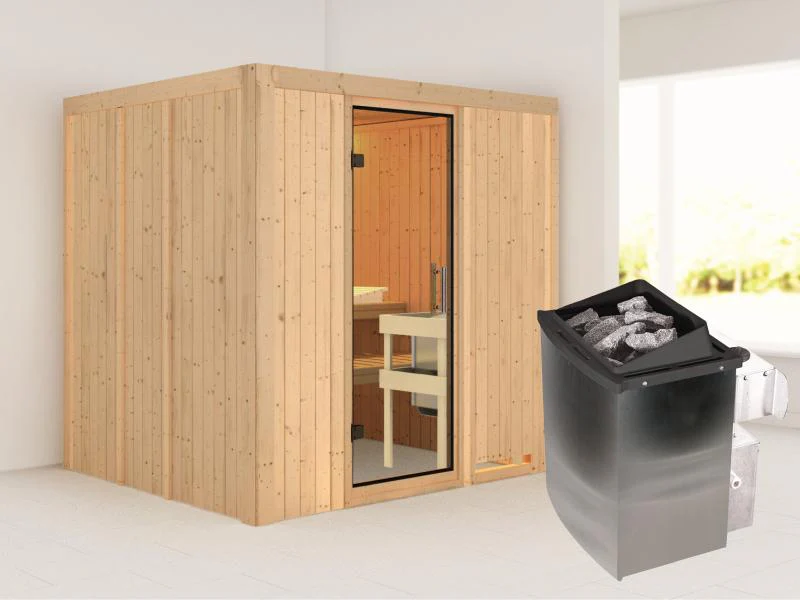 Karibu Sauna Sodin inkl. 9 kW Ofen integr. Steuerung mit Klarglas Ganzglastür - ohne Dachkranz -