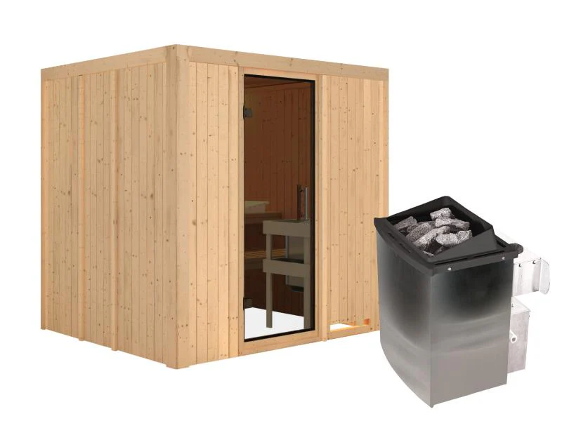 Karibu Sauna Sodin inkl. 9 kW Ofen integr. Steuerung mit moderner Saunatür - ohne Dachkranz - - Image 4
