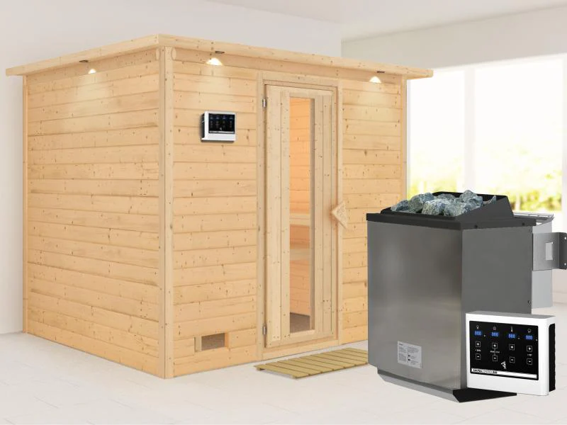 Karibu Sauna Sonara inkl. 9-kW-Bioofen mit externer Steuerung, mit Dachkranz, mit energiesparender S