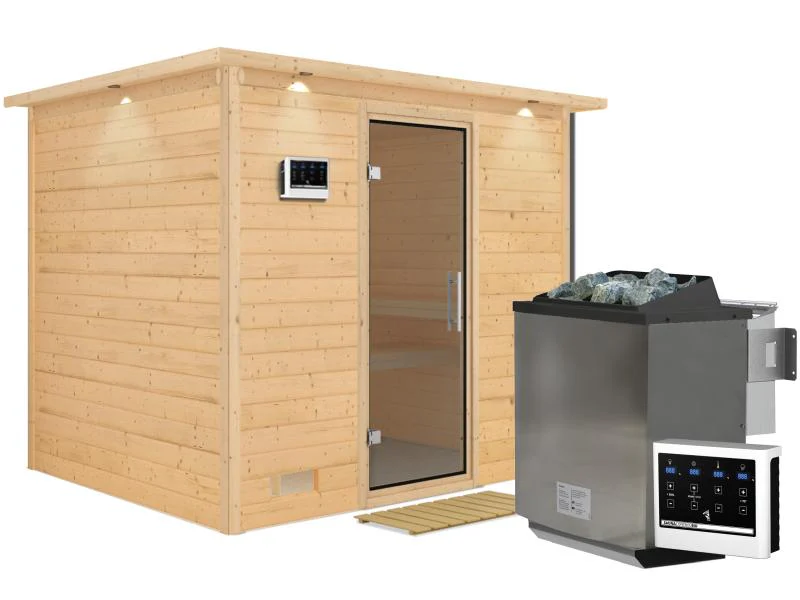 Karibu Sauna Sonara inkl. 9-kW-Bioofen mit externer Steuerung, mit Dachkranz, mit moderner Saunatür - Image 2