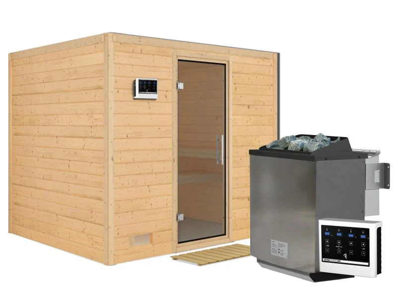Karibu Sauna Sonara inkl. 9-kW-Bioofen mit externer Steuerung, ohne Dachkranz, mit moderner Saunatür - Image 2