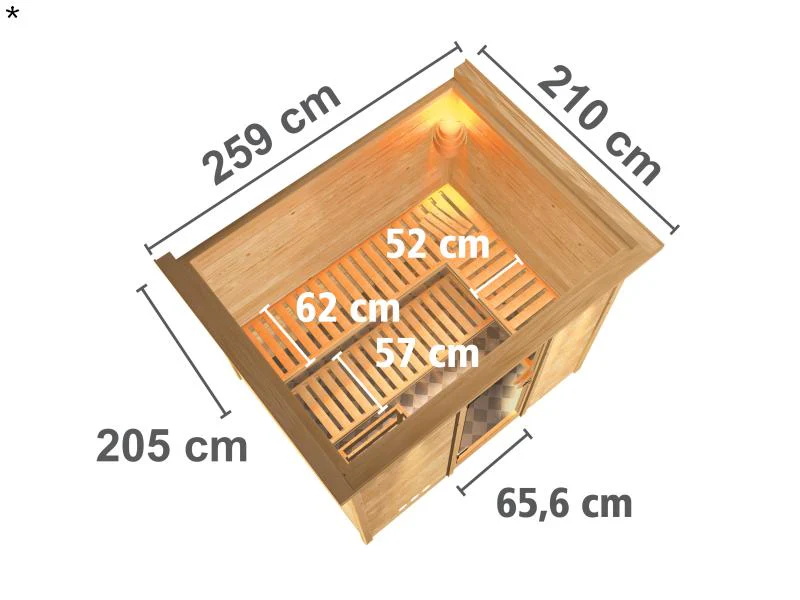 Karibu Sauna Sonara inkl. 9 kW Ofen mit ext. Steuerung, mit Dachkranz, mit Klarglas Ganzglastür - Image 3