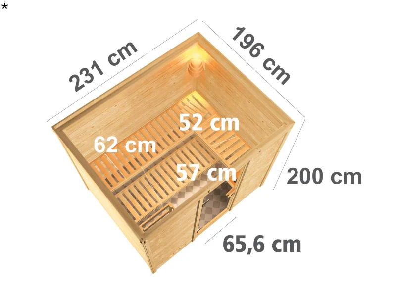 Karibu Sauna Sonara inkl. 9 kW Ofen mit ext. Steuerung, ohne Dachkranz, mit Klarglas Ganzglastür - Image 3