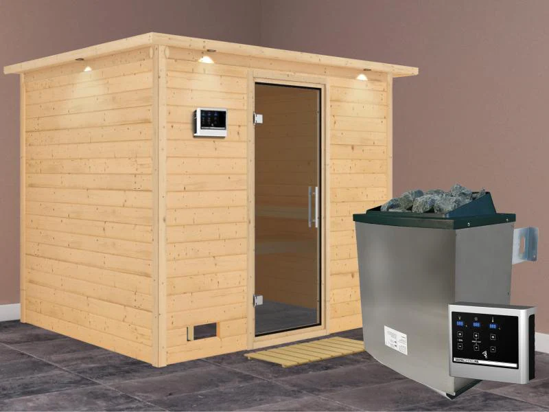 Karibu Sauna Sonara inkl. 9-kW-Ofen mit externer Steuerung, mit Dachkranz, mit moderner Saunatür - Image 2