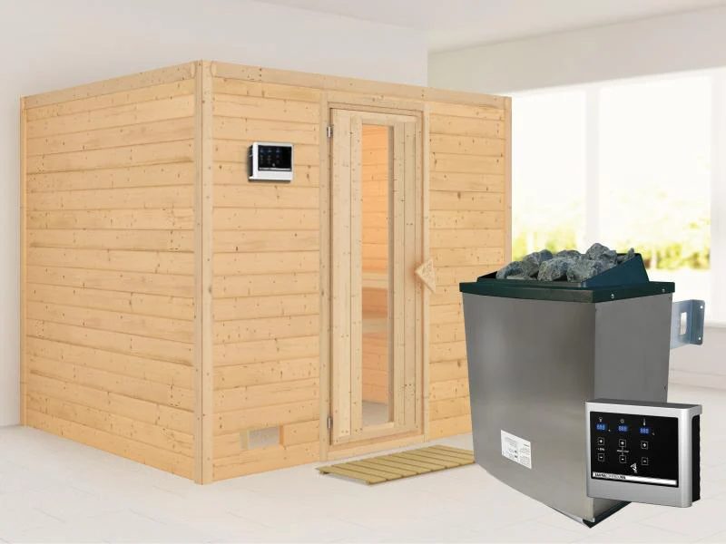 Karibu Sauna Sonara inkl. 9-kW-Ofen mit externer Steuerung, ohne Dachkranz, mit energiesparender Sau