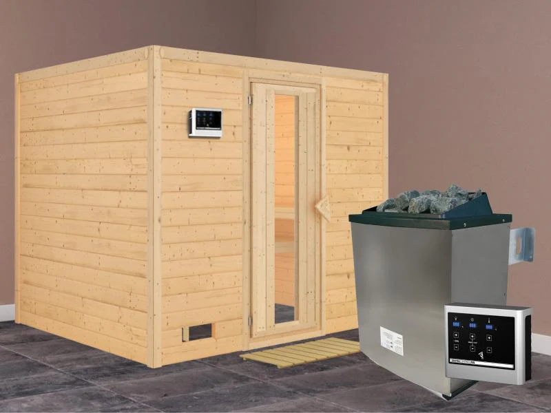 Karibu Sauna Sonara inkl. 9-kW-Ofen mit externer Steuerung, ohne Dachkranz, mit energiesparender Sau - Image 2