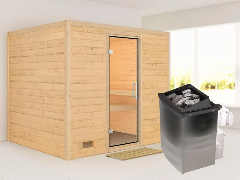 Karibu Sauna Sonara inkl. 9 kW Ofen mit int. Steuerung, ohne Dachkranz, mit Klarglas Ganzglastür
