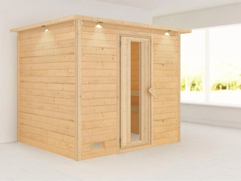 Karibu Sauna Sonara ohne Ofen, mit Dachkranz, mit energiesparender Saunatür