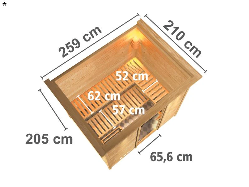 Karibu Sauna Sonara ohne Ofen, mit Dachkranz, mit energiesparender Saunatür - Image 3