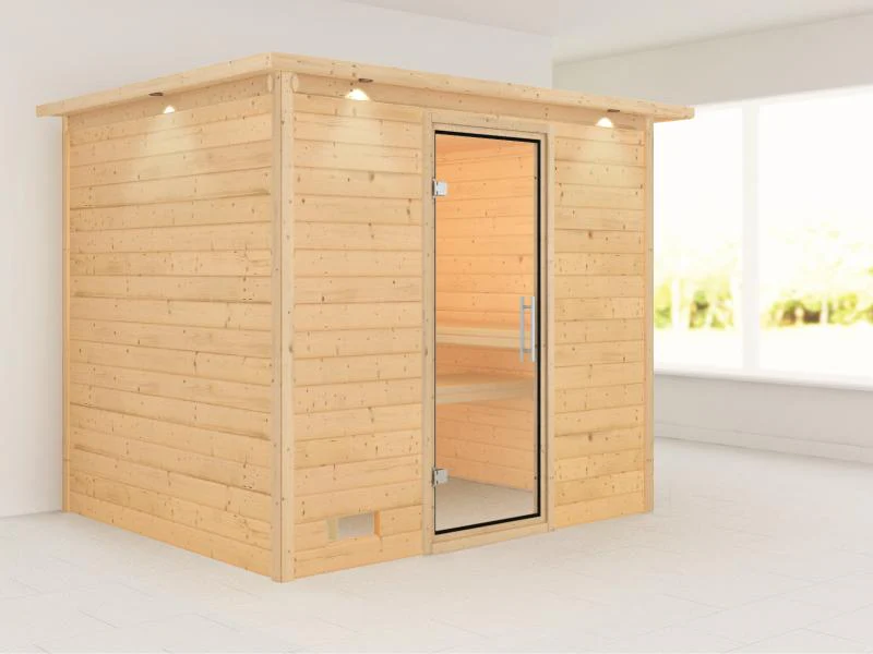 Karibu Sauna Sonara ohne Ofen, mit Dachkranz, mit Klarglas Ganzglastür