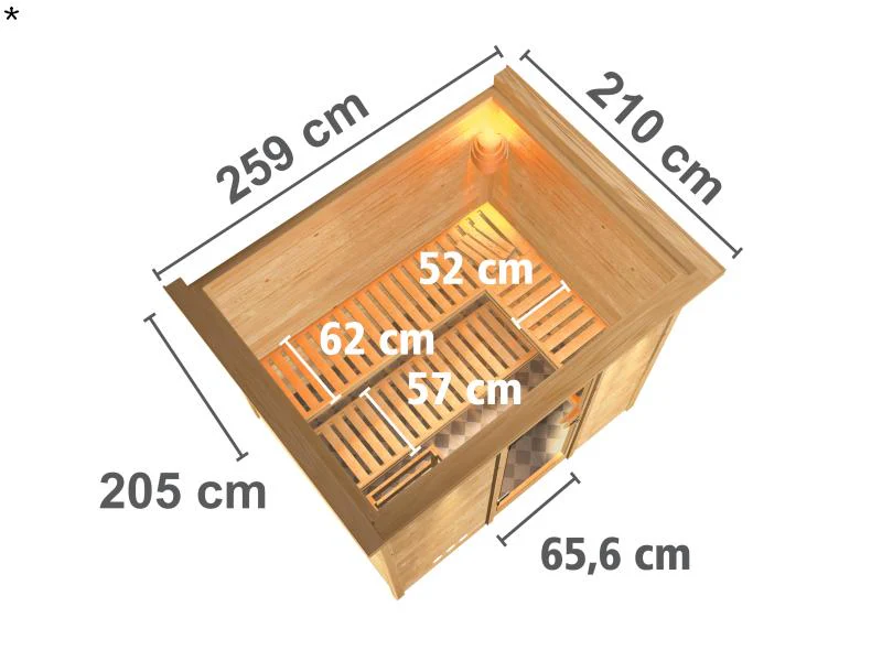 Karibu Sauna Sonara ohne Ofen, mit Dachkranz, mit Klarglas Ganzglastür - Image 3