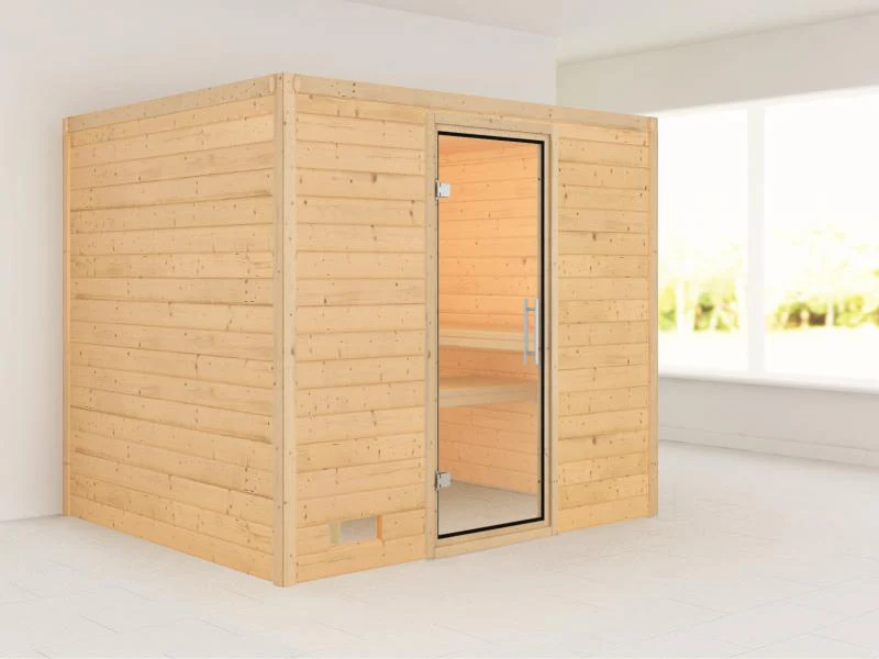 Karibu Sauna Sonara ohne Ofen, ohne Dachkranz, mit Klarglas Ganzglastür