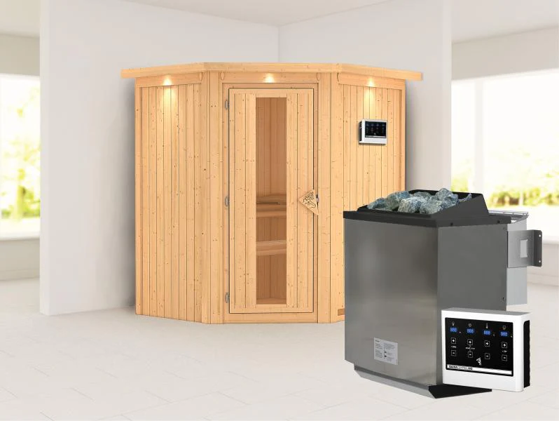 Karibu Sauna Taurin inkl. 9 kW Bioofen externe Steuerung, mit Energiespartür - mit Dachkranz - - Image 2
