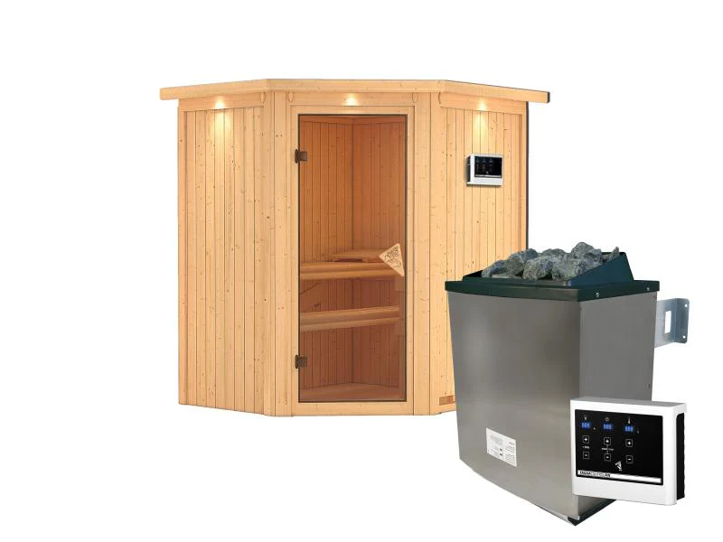 Karibu Sauna Taurin inkl. 9 kW Ofen ext. Steuerung, mit bronzierter Ganzglastür - mit Dachkranz - - Image 2
