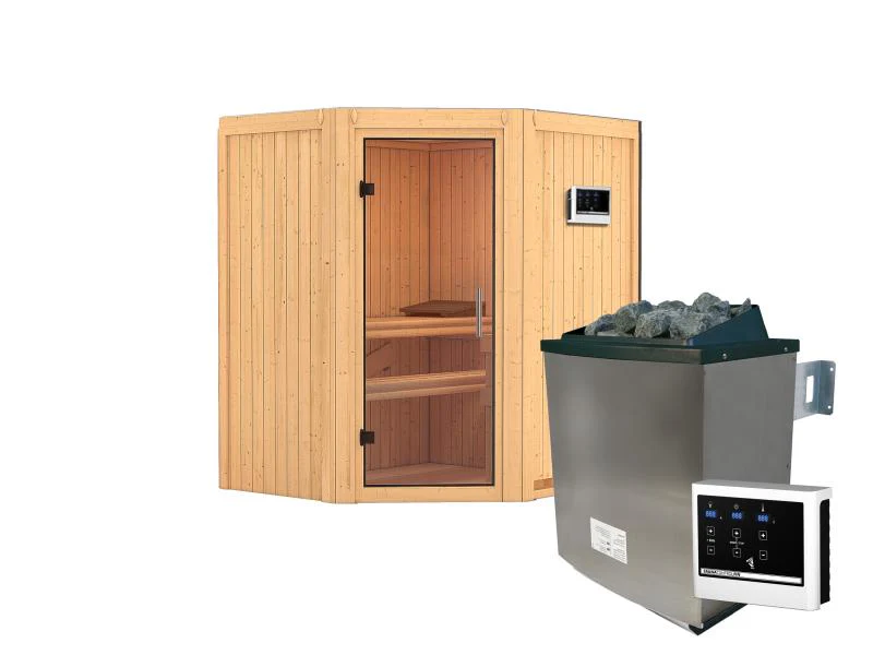 Karibu Sauna Taurin inkl. 9 kW Ofen ext. Steuerung,mit klarglas Ganzglastür - ohne Dachkranz - - Image 2