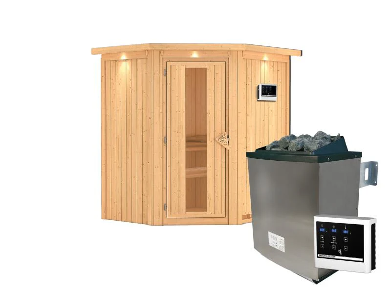 Karibu Sauna Taurin inkl. 9 kW Ofen externe Steuerung, mit Energiespartür - mit Dachkranz - - Image 2