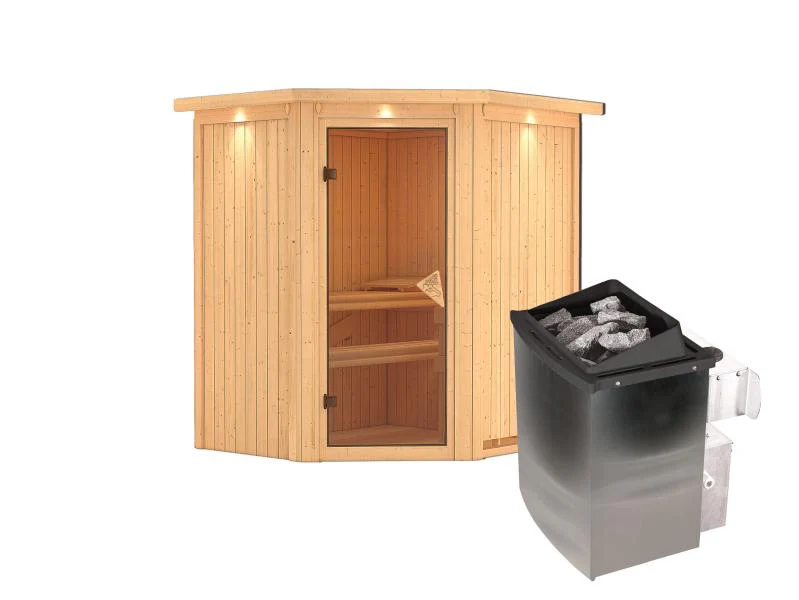 Karibu Sauna Taurin inkl. 9 kW Ofen integr. Steuerung, mit bronzierter Ganzglastür - mit Dachkranz - - Image 2