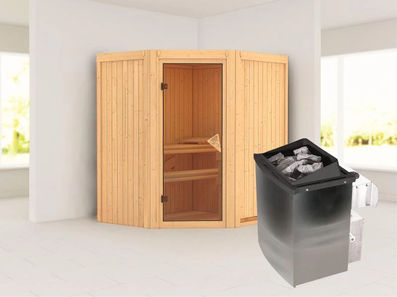 Karibu Sauna Taurin inkl. 9 kW Ofen integr. Steuerung, mit bronzierter Ganzglastür - ohne Dachkranz