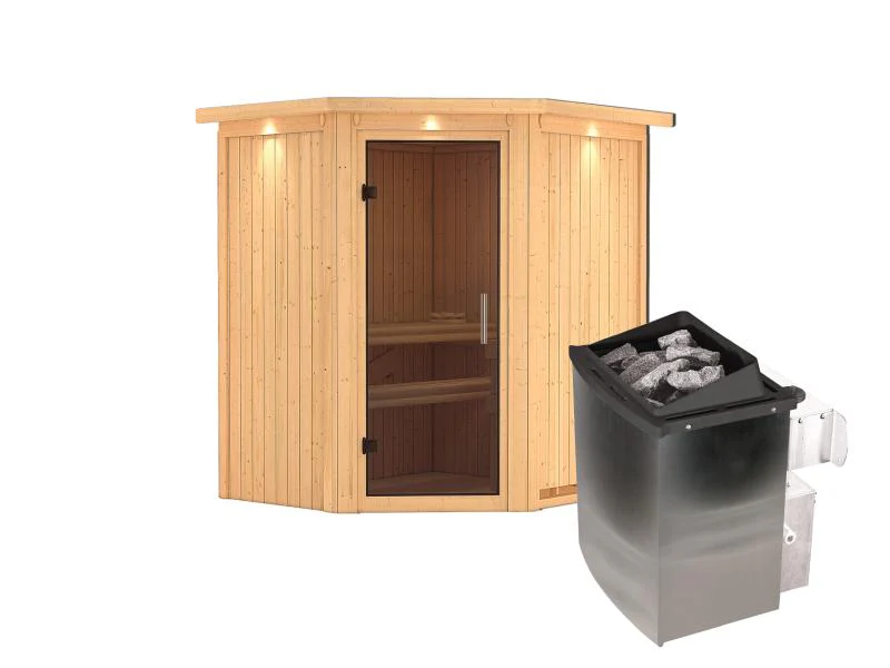 Karibu Sauna Taurin inkl. 9 kW Ofen integr. Steuerung, mit moderner Saunatür - mit Dachkranz - - Image 2