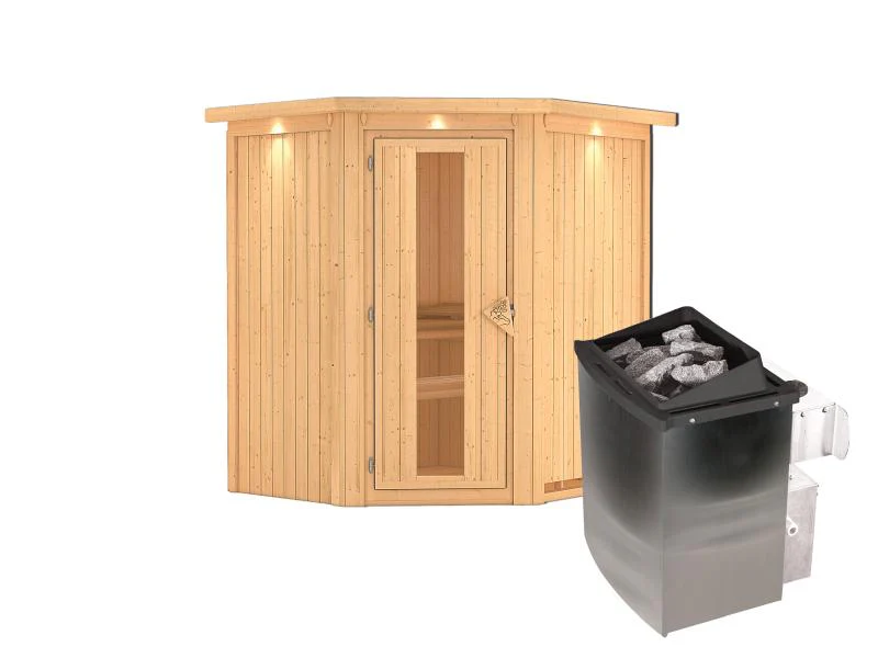 Karibu Sauna Taurin inkl. 9 kW Ofen integrierte Steuerung, mit Energiespartür -mit Dachkranz - - Image 2