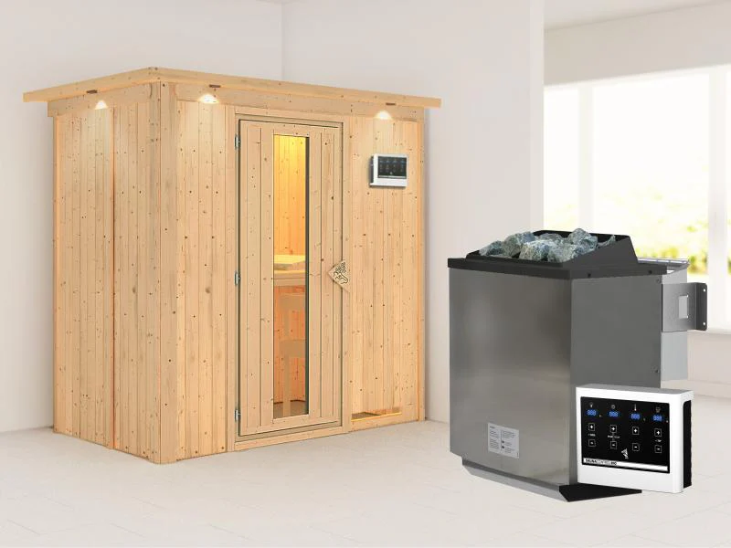 Karibu Sauna Variado inkl. 9 kW Bioofen ext. Steuerung, mit Energiespartür -mit Dachkranz- - Image 2