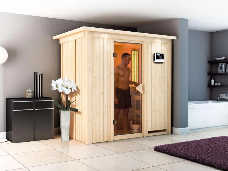 Karibu Sauna Variado inkl. 9 kW Bioofen ext. Steuerung, mit klassischer Saunatür -mit Dachkranz - Image 2