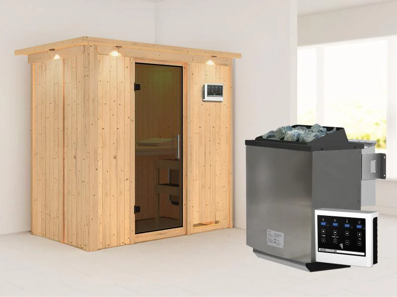 Karibu Sauna Variado inkl. 9 kW Bioofen ext. Steuerung, mit moderner Saunatür -mit Dachkranz- - Image 2
