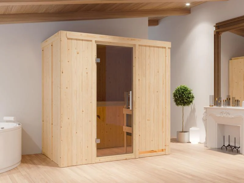 Karibu Sauna Variado inkl. 9 kW Bioofen ext. Steuerung, mit moderner Saunatür -ohne Dachkranz-