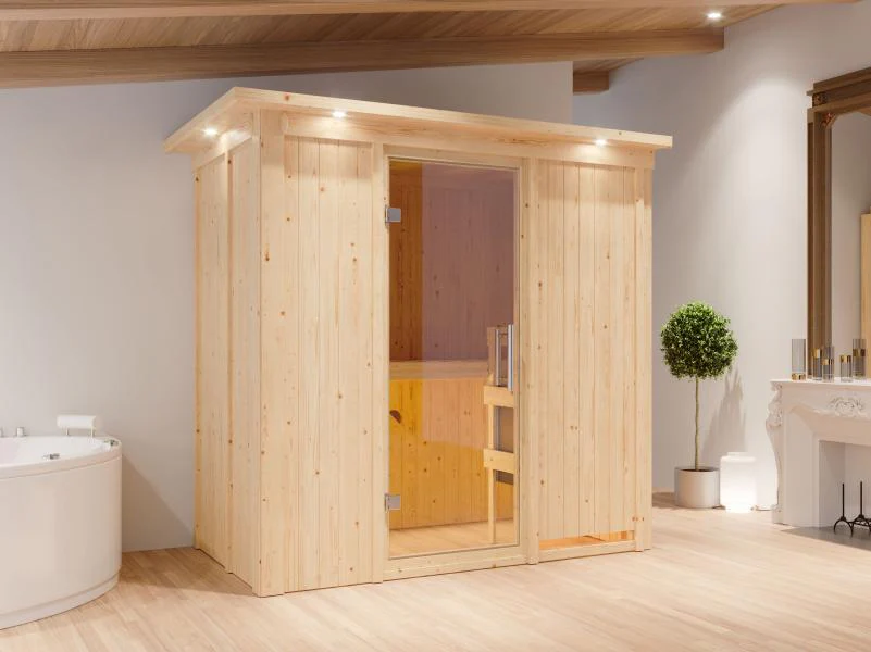 Karibu Sauna Variado inkl. 9 kW Ofen ext. Steuerung, mit klarglas Ganzglastür -mit Dachkranz-