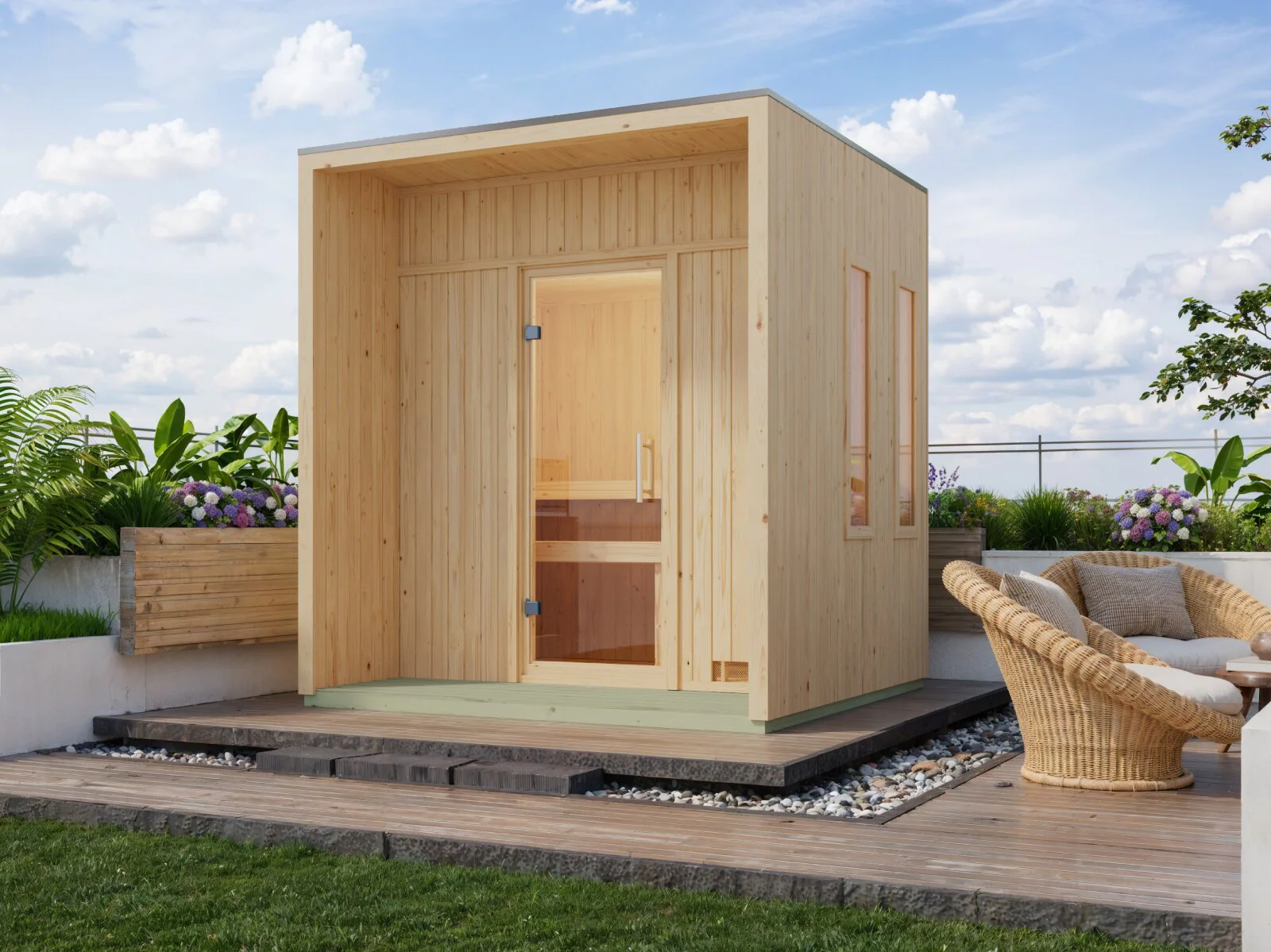 Karibu Saunahaus Arcadia, natur, 73 mm -inkl. 9 kW Bioofen ext. Steuerung Wifi HUUM