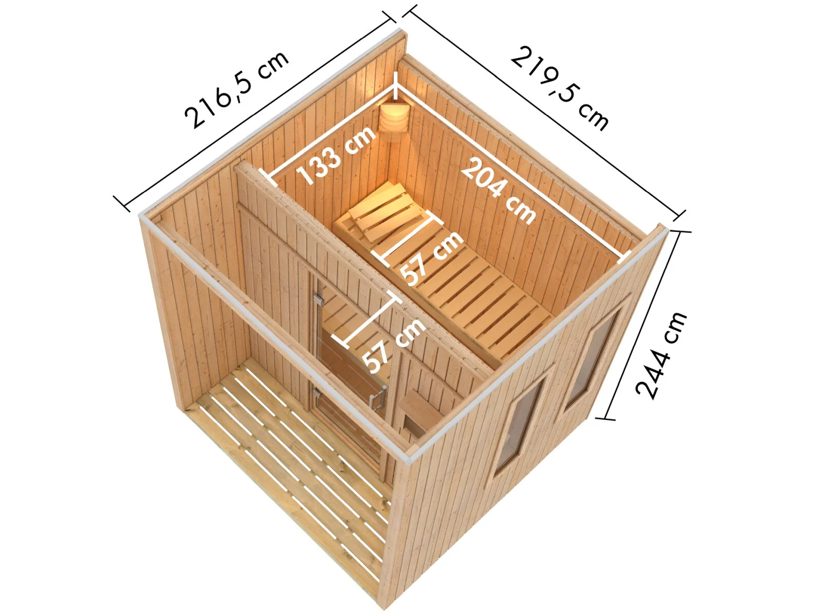 Karibu Saunahaus Arcadia, natur, 73 mm -inkl. 9 kW Ofen ext. Steuerung Wifi HUUM - Image 2