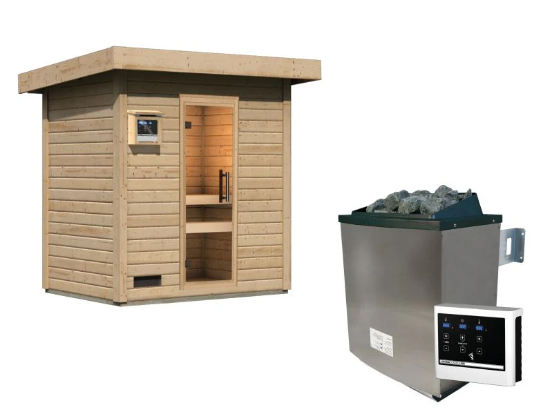 Karibu Saunahaus Caapi 2, inkl. 9 kW Ofen finnisch ext. Steuerung, mit Klarglastür und Fußboden - Image 3