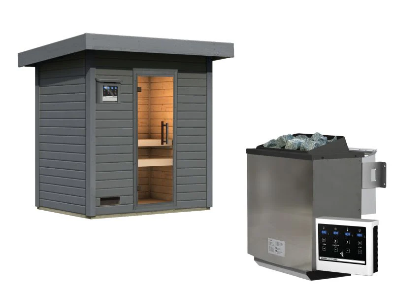 Karibu Saunahaus Caapi 2, terragrau, inkl. 9 kW Bioofen ext. Steuerung, mit Klarglastür und Fußboden - Image 6