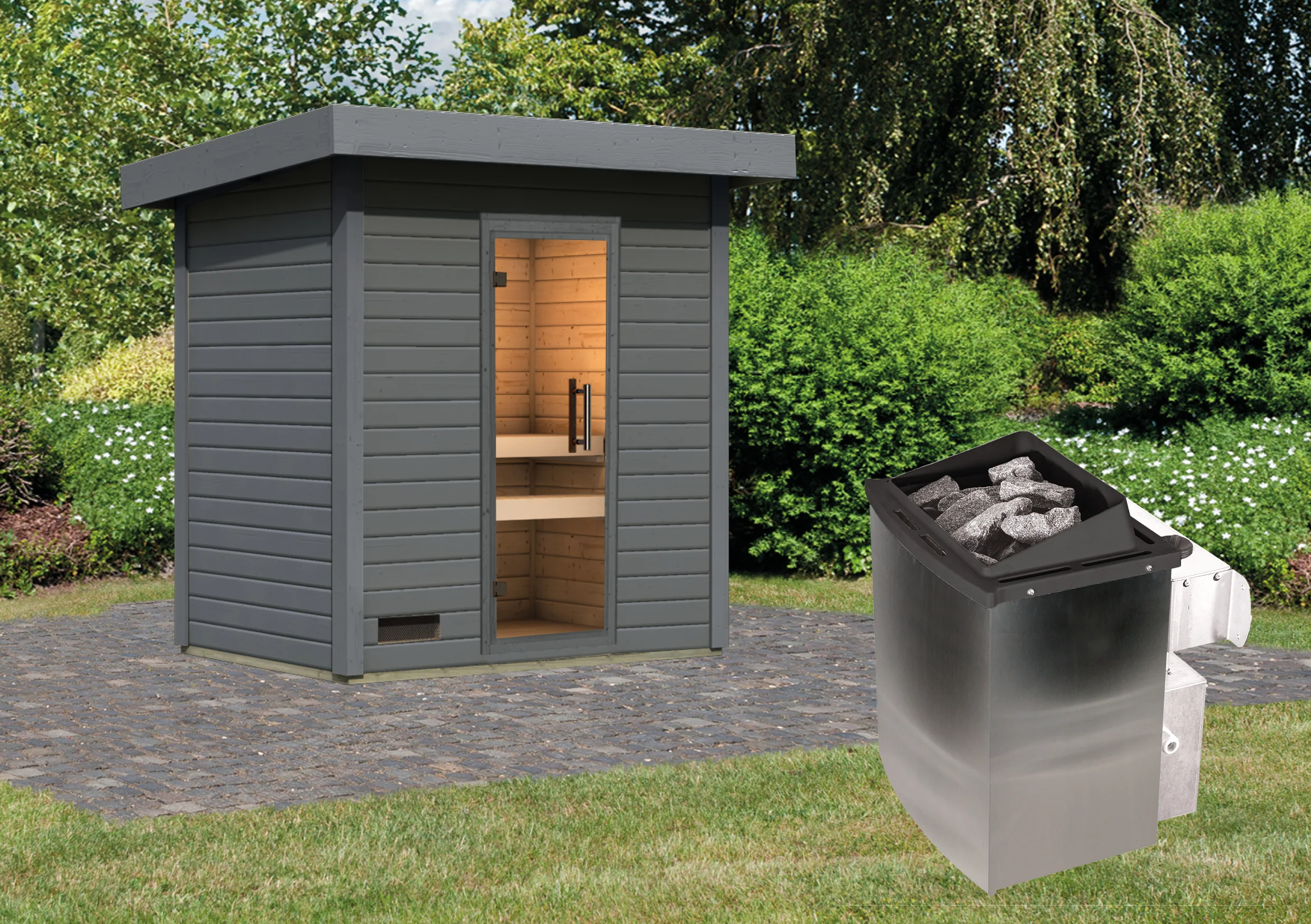 Karibu Saunahaus Caapi 2, terragrau, inkl. 9 kW Ofen integr. Steuerung, mit Klarglastür und Fußboden - Image 2