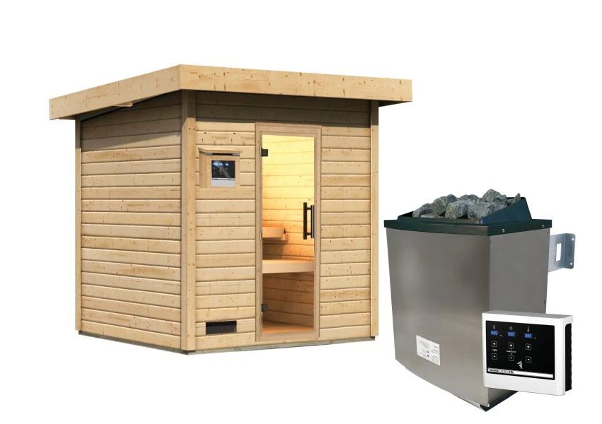 Karibu Saunahaus Caapi 3, inkl. 9 kW Ofen finnisch ext. Steuerung - mit Klarglastür und Fußboden - Image 7