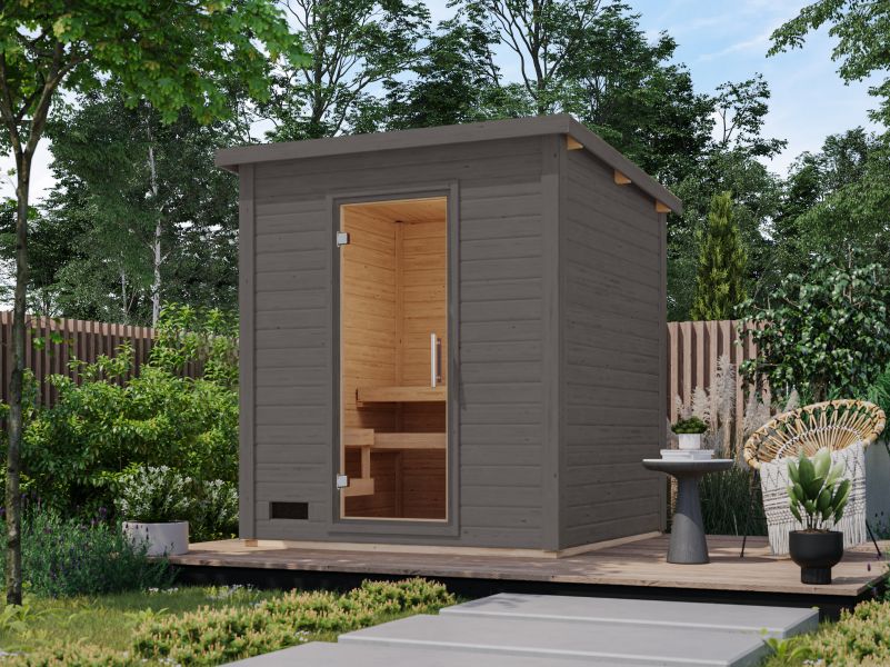 Karibu Saunahaus Caapi 3, terragrau, inkl. 9 kW Bioofen ext. Steuerung - mit Klarglastür und Fußboden - Image 2