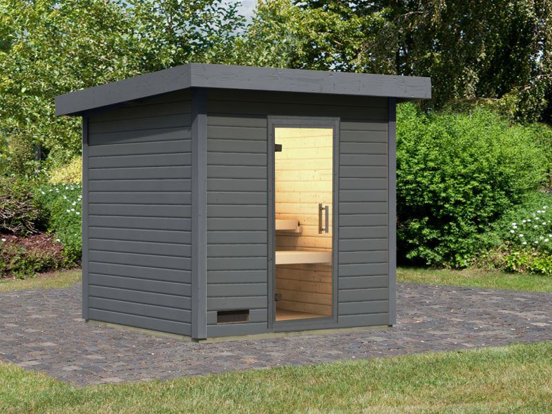 Karibu Saunahaus Caapi 3, terragrau, ohne Ofen - inkl. Klarglastür und Fußboden - Image 2