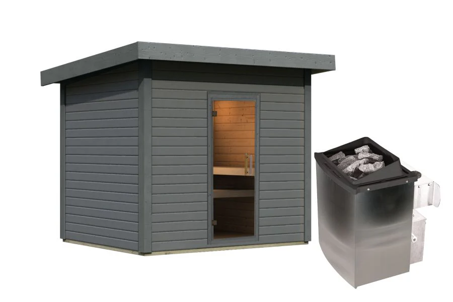 Karibu Saunahaus Caapi 4, terragrau, inkl. 9 kW Ofen integr. Steuerung, mit Klarglastür und Fußboden - Image 3