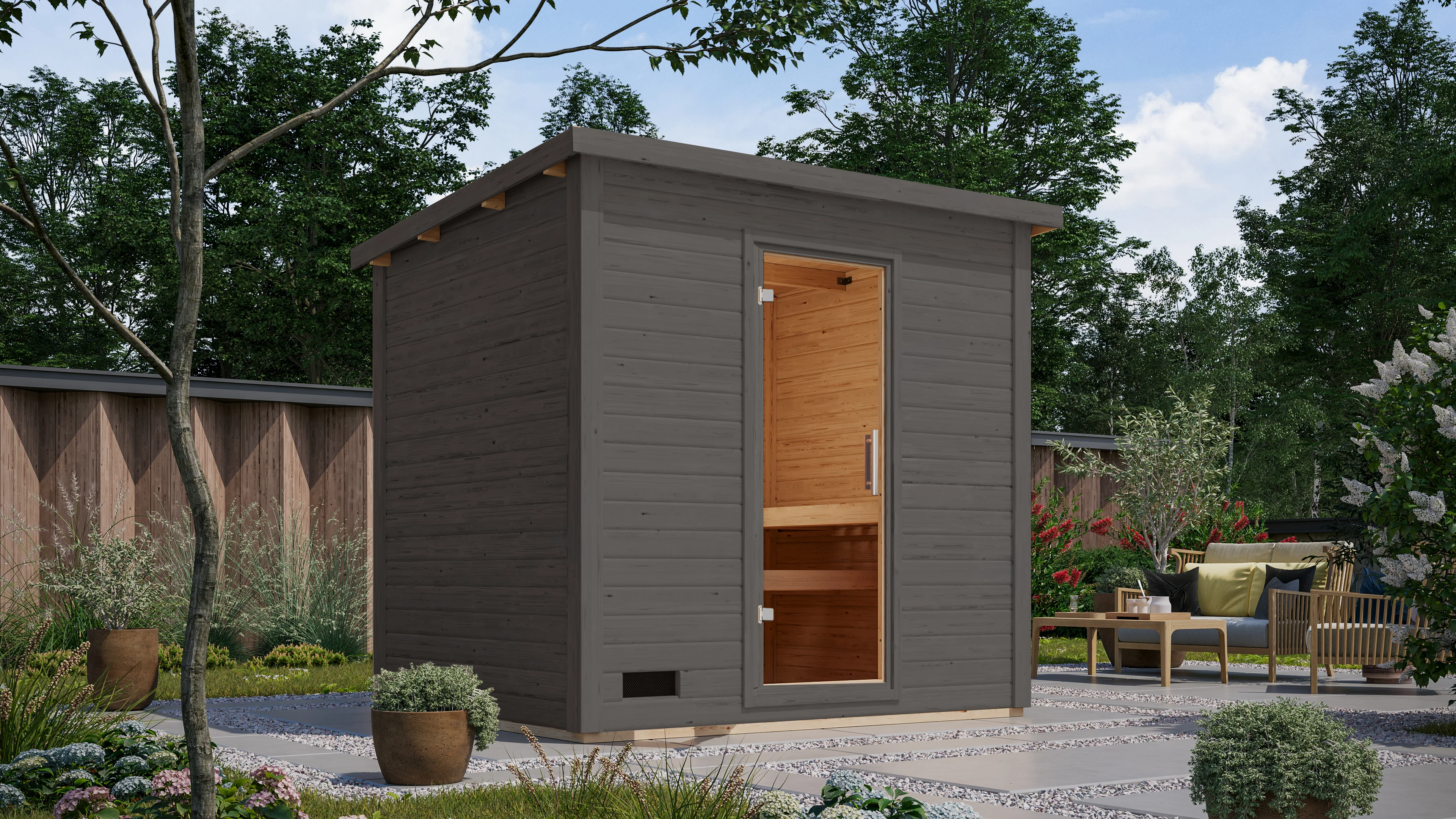 Karibu Saunahaus Caapi 2, terragrau, inkl. 9 kW Bioofen ext. Steuerung, mit Klarglastür und Fußboden - Image 2