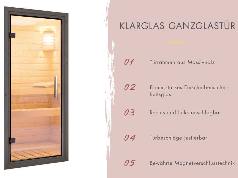 Karibu Saunahaus Caapi 2, terragrau, inkl. 9 kW Bioofen ext. Steuerung, mit Klarglastür und Fußboden - Image 7