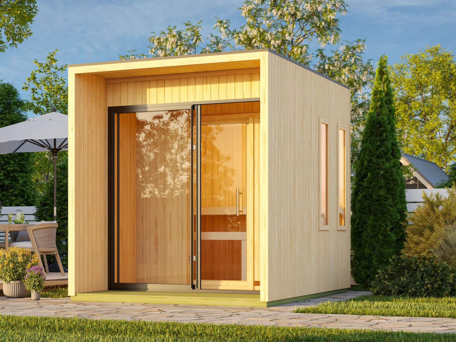 Karibu Saunahaus Catalina, natur -inkl. 9 kW Ofen ext. Steuerung Wifi HUUM- inkl. Vorraum, 73 mm