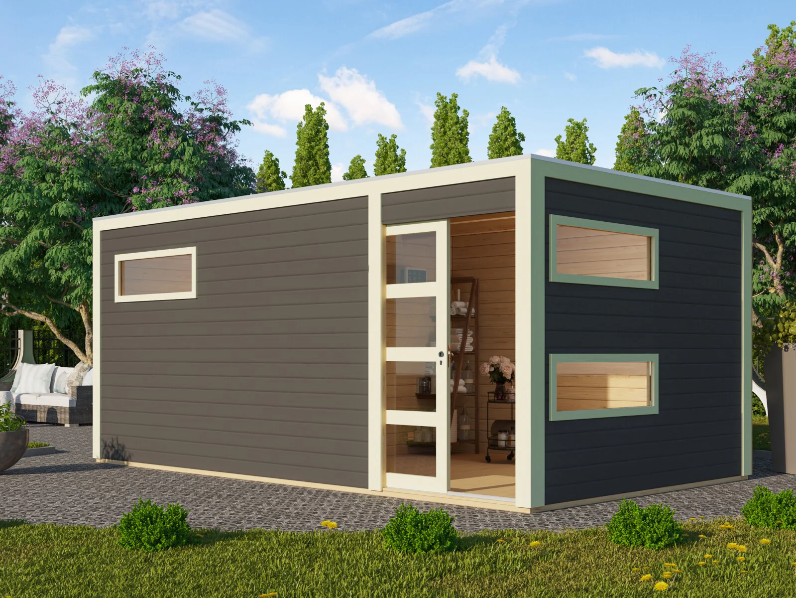 Karibu Saunahaus Hygge 38 mm- terragrau, inkl. 9 kW Bioofen ext. Steuerung Wifi HUUM - Image 5