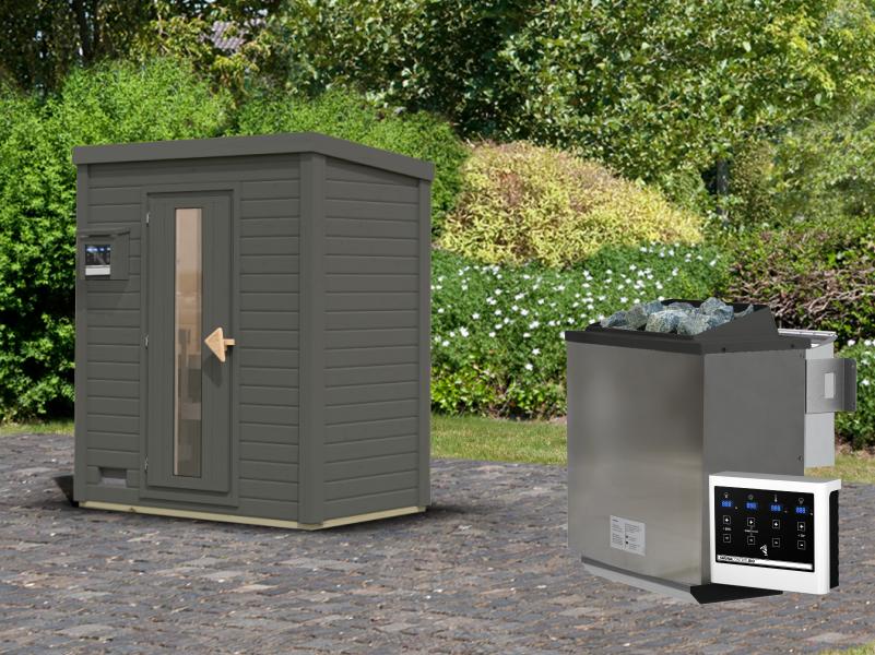 Karibu Saunahaus Hytti 0 38 mm - Ofen 9kW Bio ext. Strg. - Iso Tür, terragrau - Image 2