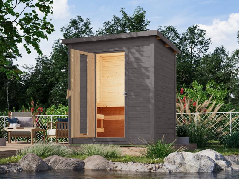 Karibu Saunahaus Hytti 1 38 mm terragrau- inkl. 9 kW Ofen ext. Steuerung - mit Energiespartür und F