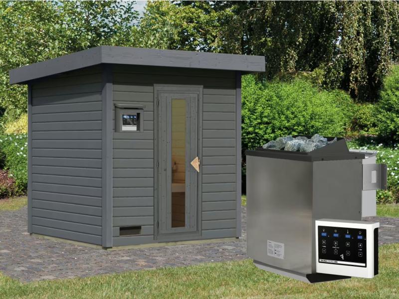 Karibu Saunahaus Hytti 2  38 mm,terragrau - inkl. 9 kW Bioofen ext. Steuerung - mit Energiespartür u - Image 2