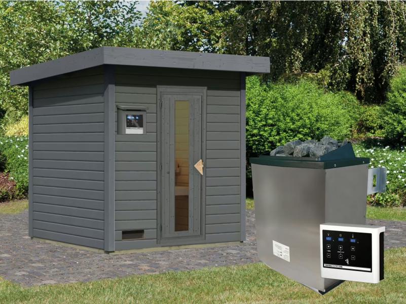 Karibu Saunahaus Hytti 2 38 mm, terragrau- inkl. 9 kW Ofen ext. Steuerung - mit Energiespartür und - Image 2