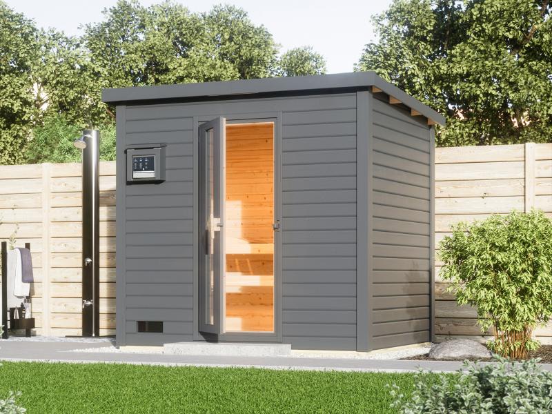 Karibu Saunahaus Hytti 3 38 mm terragrau - inkl. 9 kW Bioofen ext. Steuerung - inkl. Energiespartür